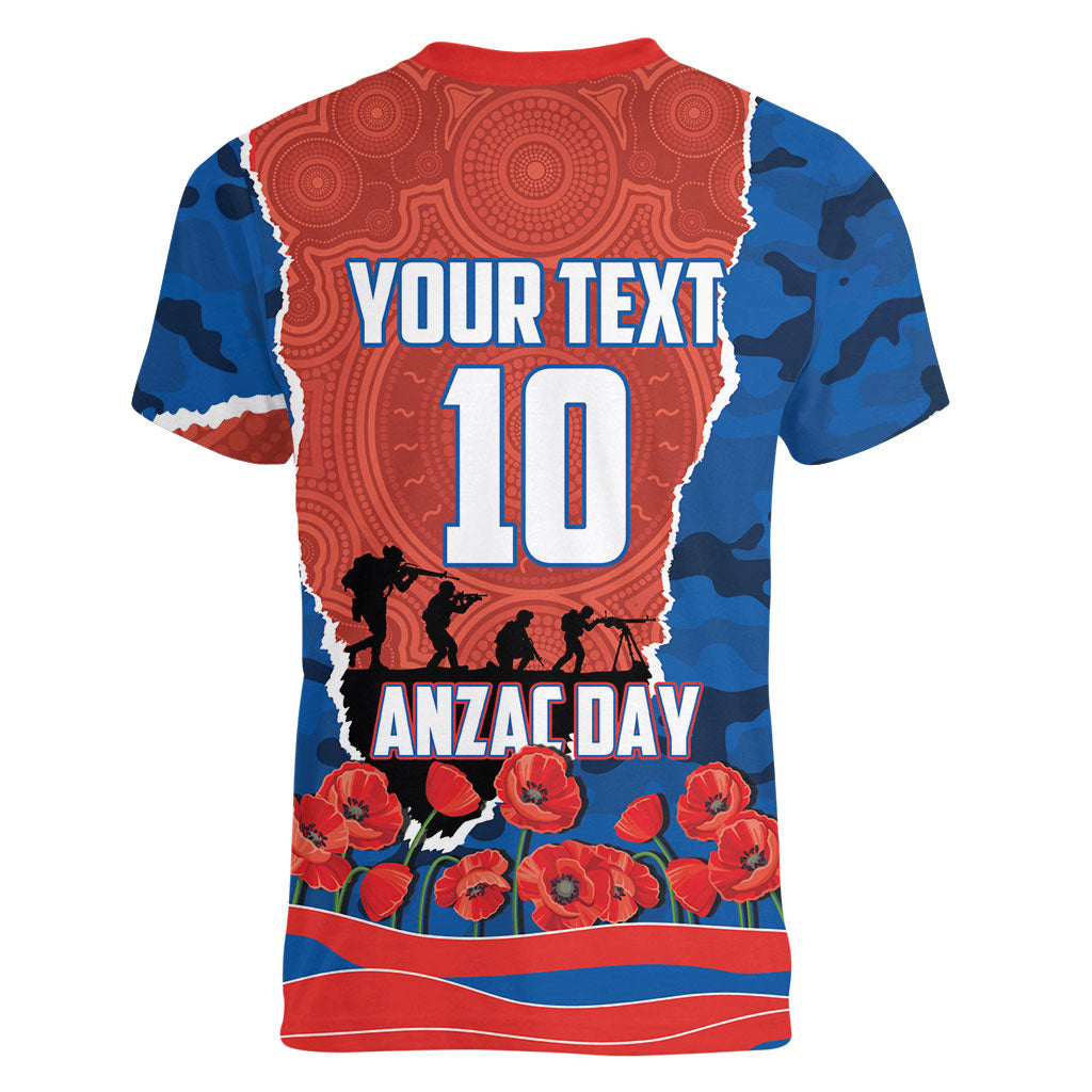 Personalized Newcastle Knights ANZAC Tribute Women V-Neck T-Shirt Poppy Field Soldier Silhouette Aboriginal Rugby Mascot