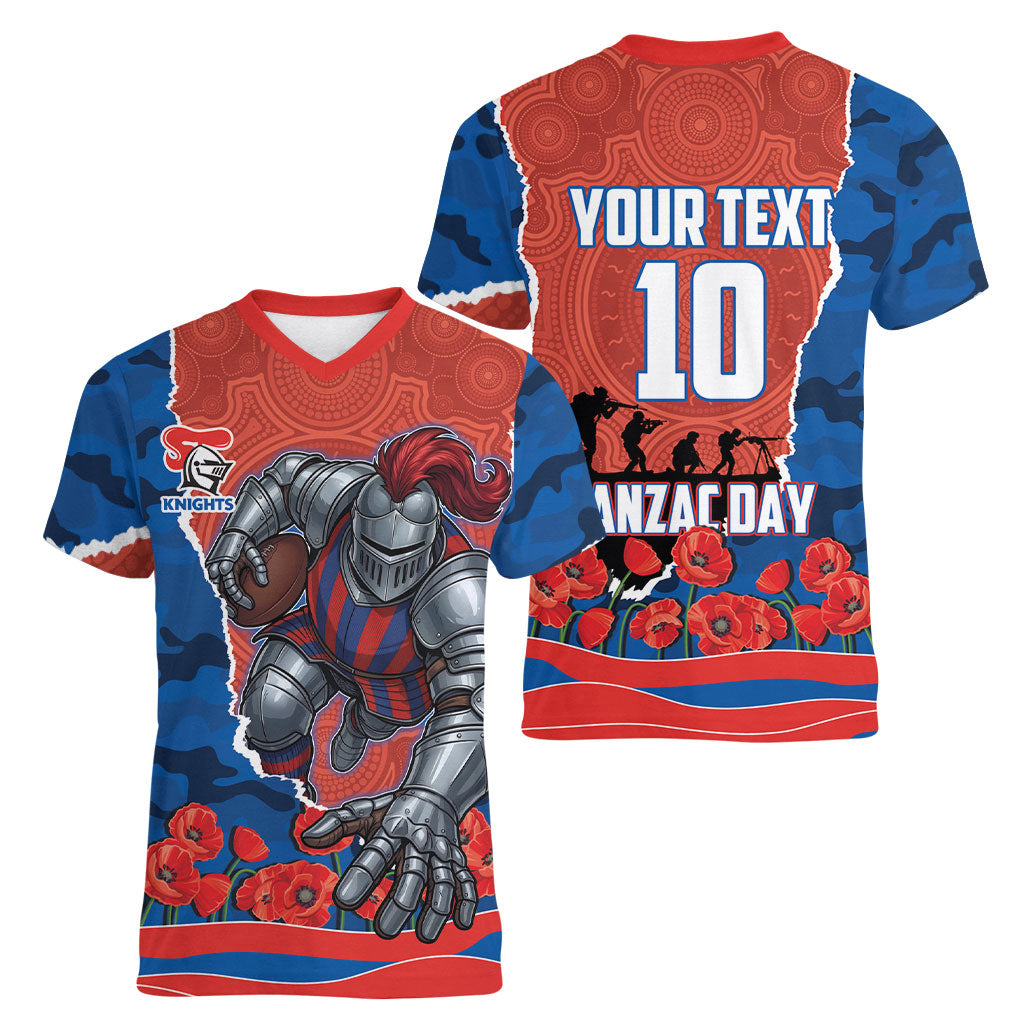 Personalized Newcastle Knights ANZAC Tribute Women V-Neck T-Shirt Poppy Field Soldier Silhouette Aboriginal Rugby Mascot