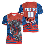 Personalized Newcastle Knights ANZAC Tribute Women V-Neck T-Shirt Poppy Field Soldier Silhouette Aboriginal Rugby Mascot