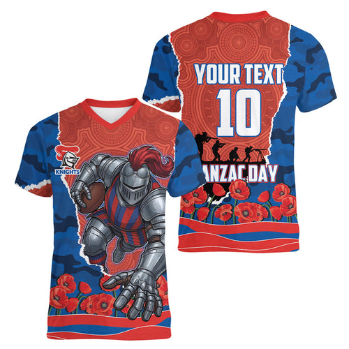 Personalized Newcastle Knights ANZAC Tribute Women V-Neck T-Shirt Poppy Field Soldier Silhouette Aboriginal Rugby Mascot