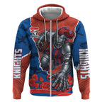 Personalized Newcastle Knights ANZAC Tribute Zip Hoodie Poppy Field Soldier Silhouette Aboriginal Rugby Mascot