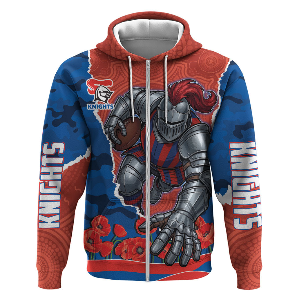 Personalized Newcastle Knights ANZAC Tribute Zip Hoodie Poppy Field Soldier Silhouette Aboriginal Rugby Mascot