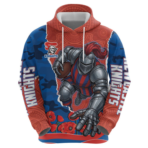 Personalized Newcastle Knights ANZAC Tribute Zip Hoodie Poppy Field Soldier Silhouette Aboriginal Rugby Mascot