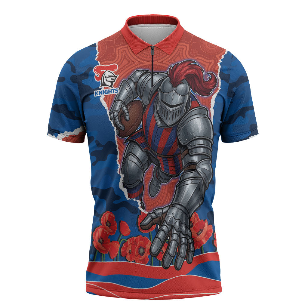 Personalized Newcastle Knights ANZAC Tribute Zipper Polo Shirt Poppy Field Soldier Silhouette Aboriginal Rugby Mascot