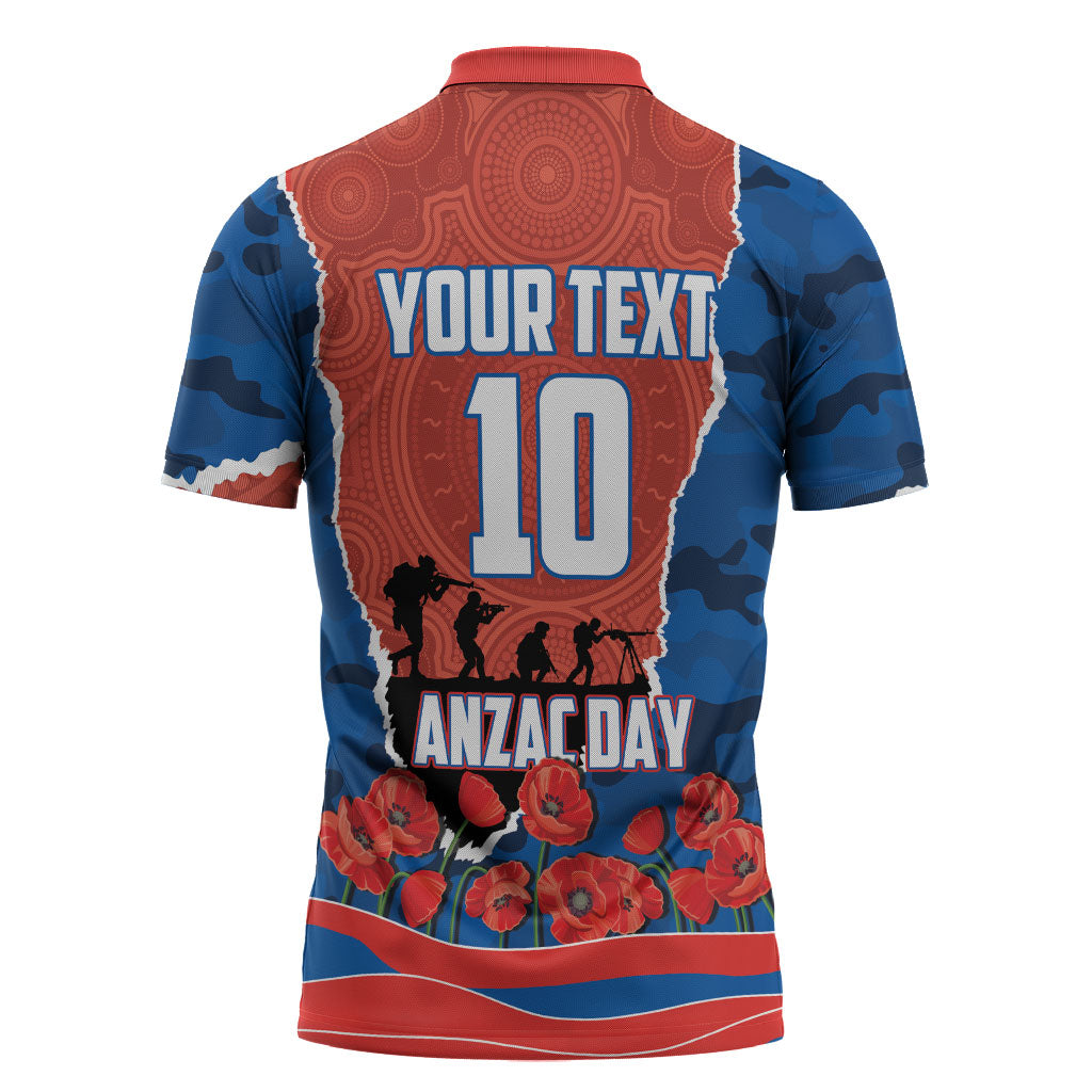 Personalized Newcastle Knights ANZAC Tribute Zipper Polo Shirt Poppy Field Soldier Silhouette Aboriginal Rugby Mascot