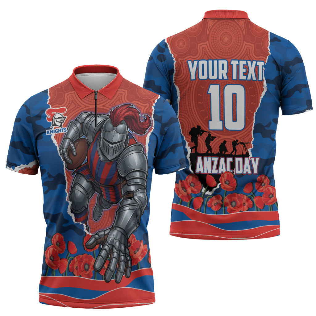 Personalized Newcastle Knights ANZAC Tribute Zipper Polo Shirt Poppy Field Soldier Silhouette Aboriginal Rugby Mascot