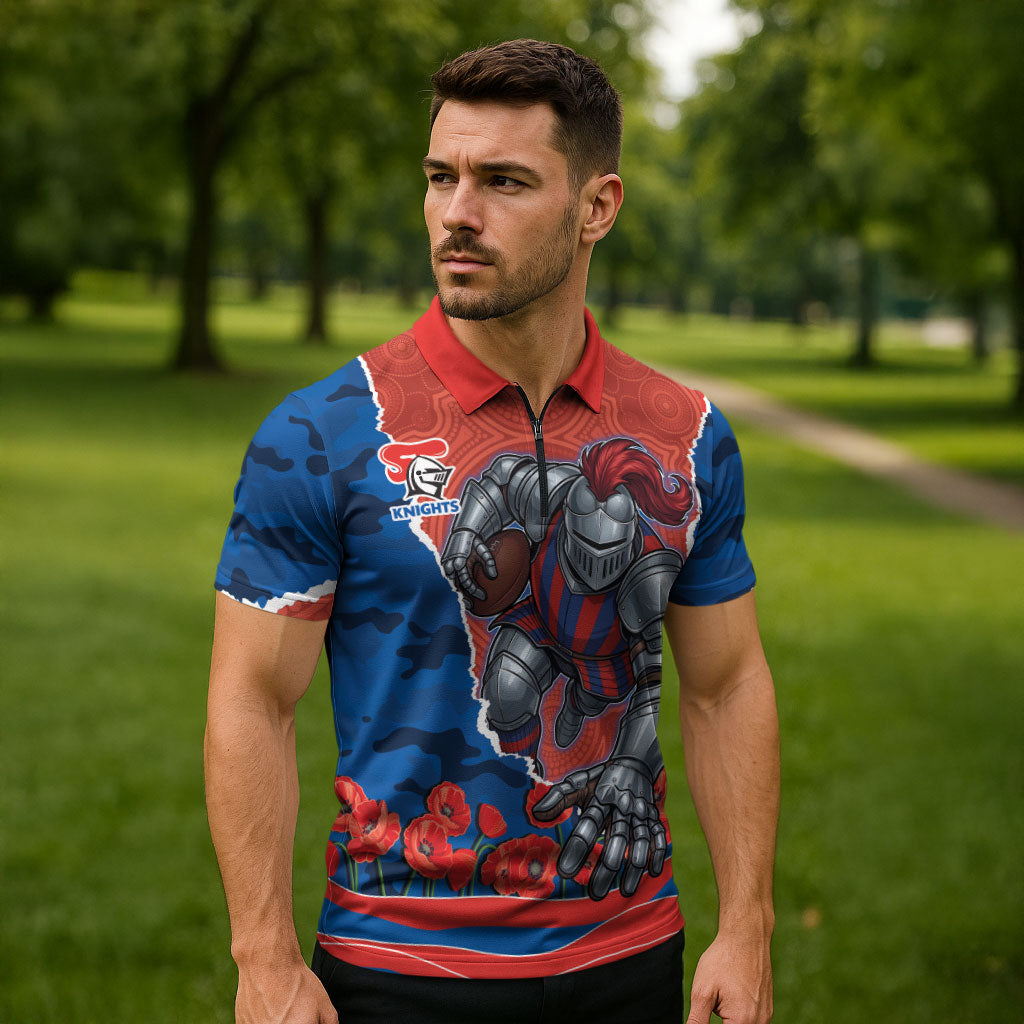 Personalized Newcastle Knights ANZAC Tribute Zipper Polo Shirt Poppy Field Soldier Silhouette Aboriginal Rugby Mascot