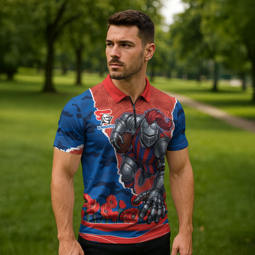 Personalized Newcastle Knights ANZAC Tribute Zipper Polo Shirt Poppy Field Soldier Silhouette Aboriginal Rugby Mascot
