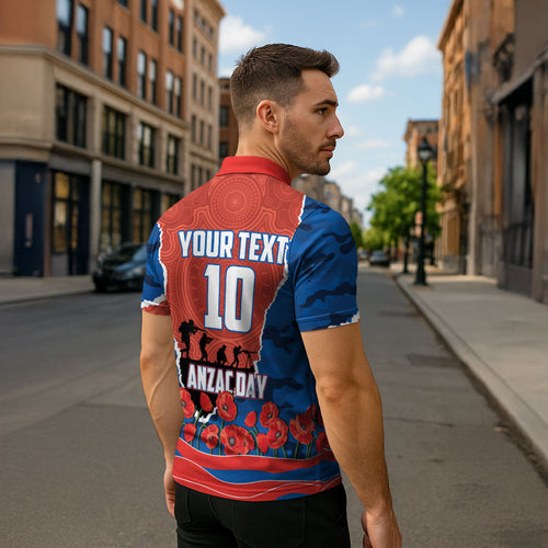 Personalized Newcastle Knights ANZAC Tribute Zipper Polo Shirt Poppy Field Soldier Silhouette Aboriginal Rugby Mascot