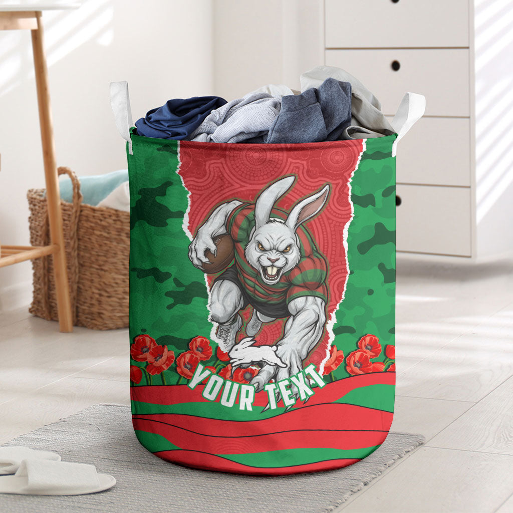 Personalized South Sydney Rabbitohs ANZAC Tribute Laundry Basket Poppy Field Soldier Silhouette Aboriginal Rugby Mascot