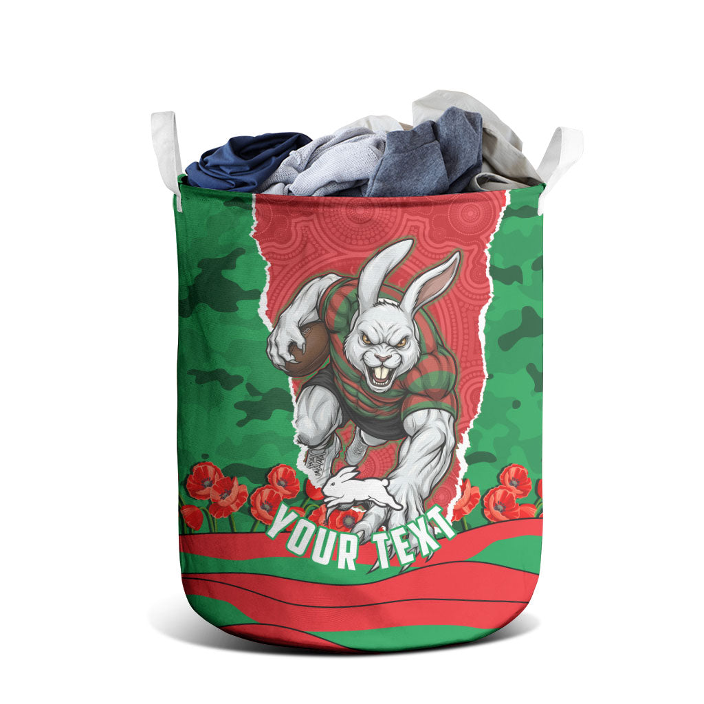 Personalized South Sydney Rabbitohs ANZAC Tribute Laundry Basket Poppy Field Soldier Silhouette Aboriginal Rugby Mascot