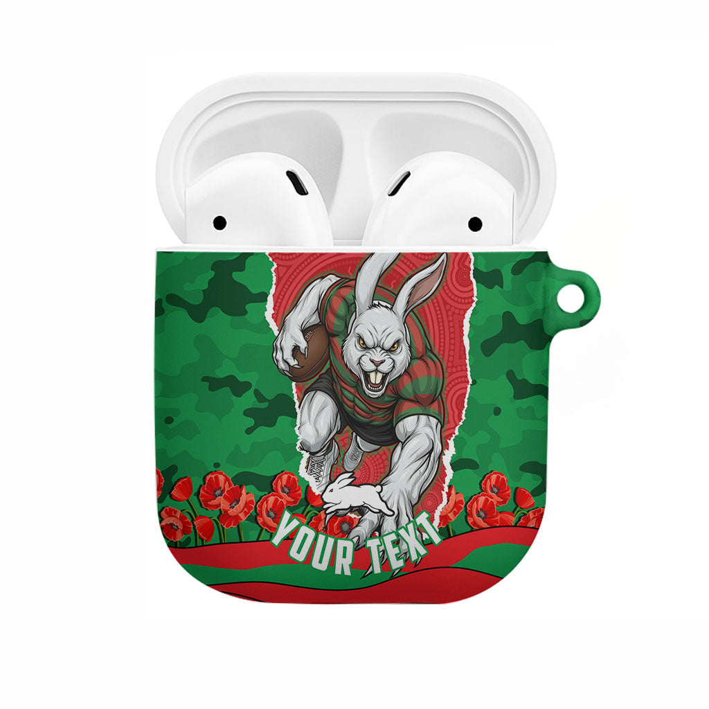 Personalized South Sydney Rabbitohs ANZAC Tribute AirPods Case Poppy Field Soldier Silhouette Aboriginal Rugby Mascot