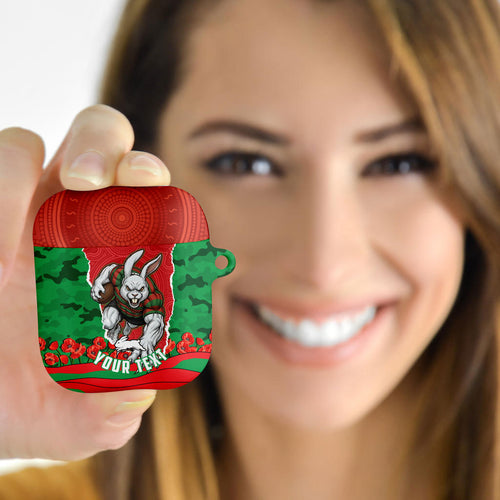 Personalized South Sydney Rabbitohs ANZAC Tribute AirPods Case Poppy Field Soldier Silhouette Aboriginal Rugby Mascot