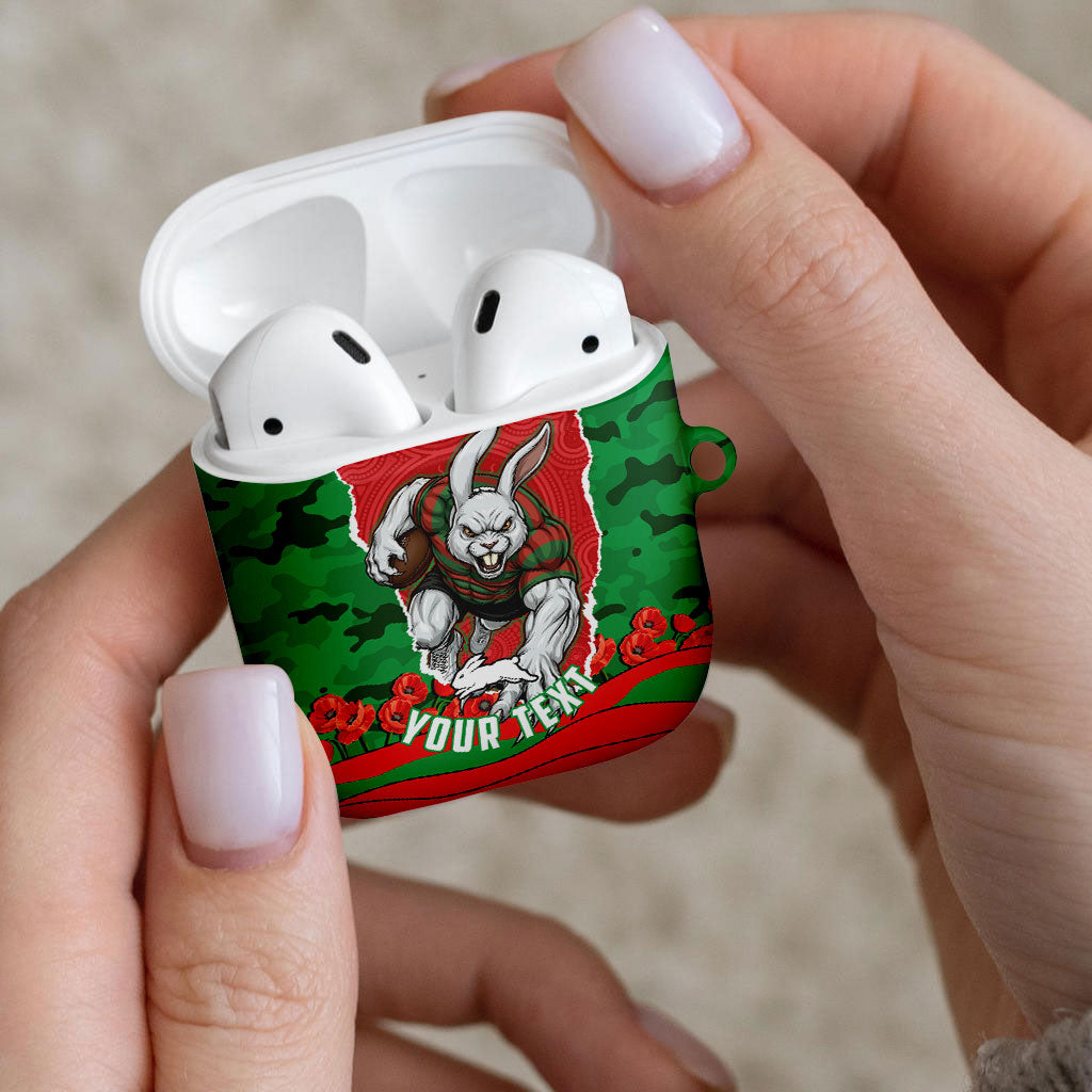 Personalized South Sydney Rabbitohs ANZAC Tribute AirPods Case Poppy Field Soldier Silhouette Aboriginal Rugby Mascot