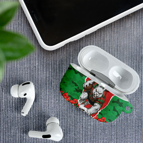 Personalized South Sydney Rabbitohs ANZAC Tribute AirPods Case Poppy Field Soldier Silhouette Aboriginal Rugby Mascot