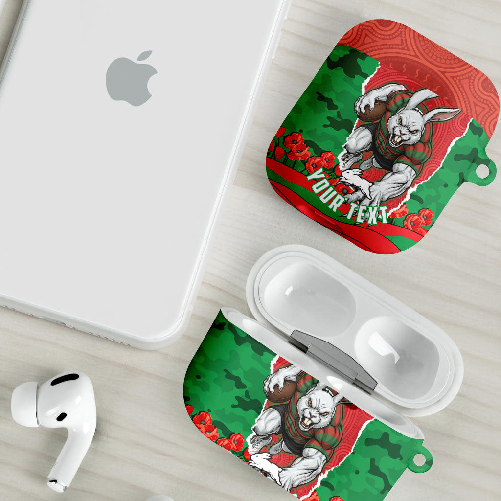 Personalized South Sydney Rabbitohs ANZAC Tribute AirPods Case Poppy Field Soldier Silhouette Aboriginal Rugby Mascot