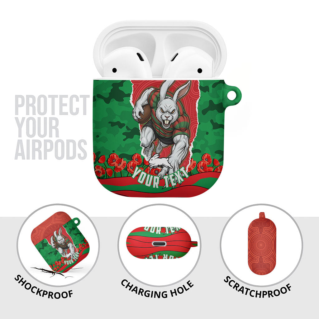 Personalized South Sydney Rabbitohs ANZAC Tribute AirPods Case Poppy Field Soldier Silhouette Aboriginal Rugby Mascot