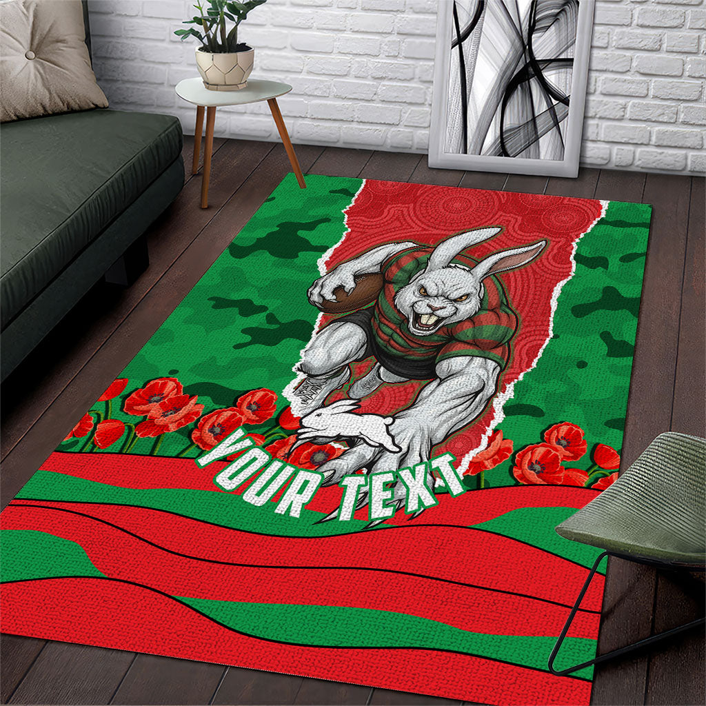 Personalized South Sydney Rabbitohs ANZAC Tribute Area Rug Poppy Field Soldier Silhouette Aboriginal Rugby Mascot