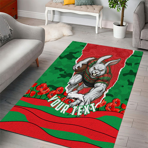 Personalized South Sydney Rabbitohs ANZAC Tribute Area Rug Poppy Field Soldier Silhouette Aboriginal Rugby Mascot