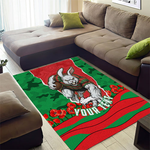 Personalized South Sydney Rabbitohs ANZAC Tribute Area Rug Poppy Field Soldier Silhouette Aboriginal Rugby Mascot