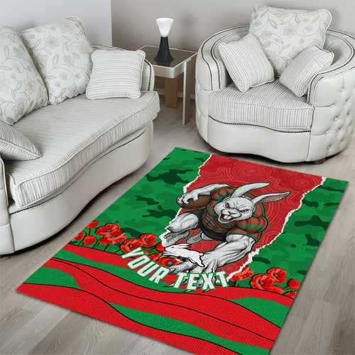Personalized South Sydney Rabbitohs ANZAC Tribute Area Rug Poppy Field Soldier Silhouette Aboriginal Rugby Mascot