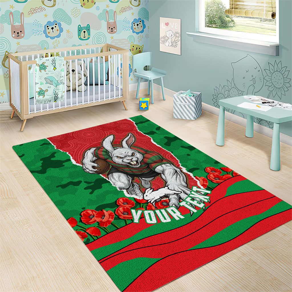 Personalized South Sydney Rabbitohs ANZAC Tribute Area Rug Poppy Field Soldier Silhouette Aboriginal Rugby Mascot