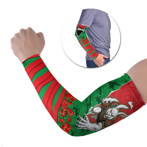 Personalized South Sydney Rabbitohs ANZAC Tribute Arm Sleeves Poppy Field Soldier Silhouette Aboriginal Rugby Mascot
