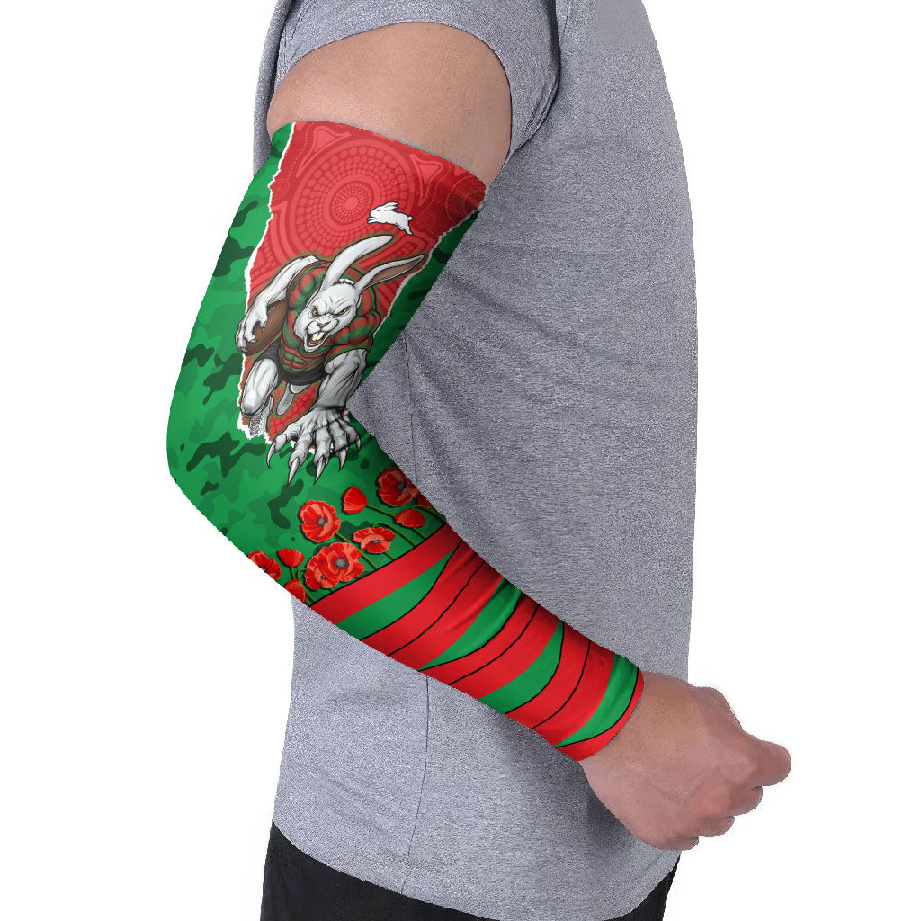 Personalized South Sydney Rabbitohs ANZAC Tribute Arm Sleeves Poppy Field Soldier Silhouette Aboriginal Rugby Mascot