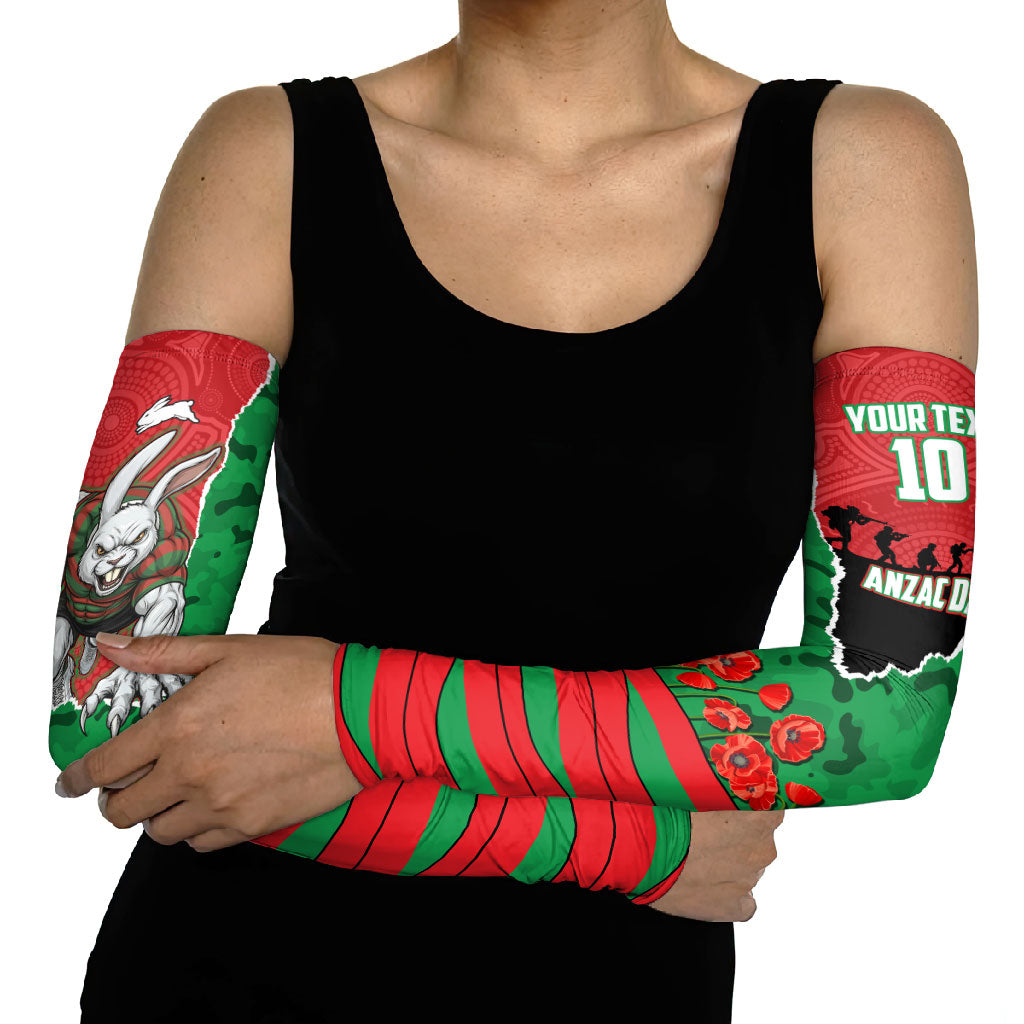 Personalized South Sydney Rabbitohs ANZAC Tribute Arm Sleeves Poppy Field Soldier Silhouette Aboriginal Rugby Mascot