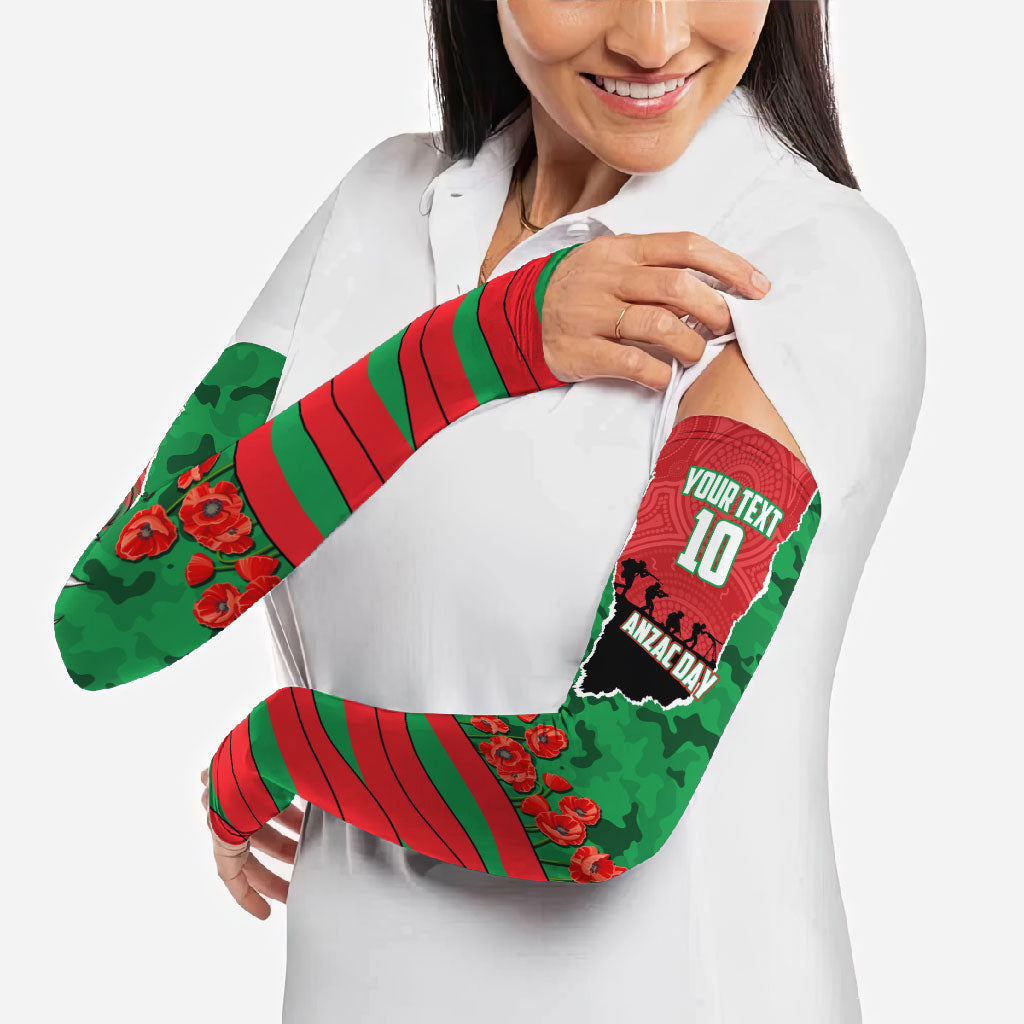 Personalized South Sydney Rabbitohs ANZAC Tribute Arm Sleeves Poppy Field Soldier Silhouette Aboriginal Rugby Mascot