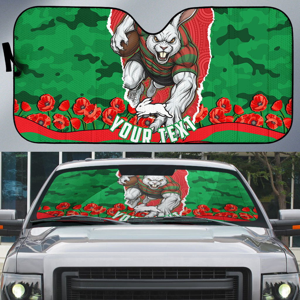 Personalized South Sydney Rabbitohs ANZAC Tribute Auto Sun Shade Poppy Field Soldier Silhouette Aboriginal Rugby Mascot