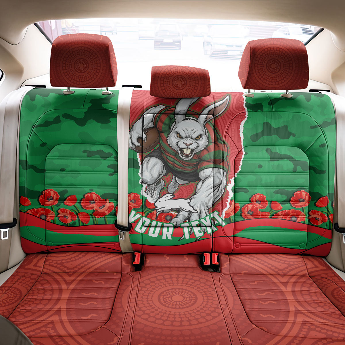 Personalized South Sydney Rabbitohs ANZAC Tribute Back Car Seat Cover Poppy Field Soldier Silhouette Aboriginal Rugby Mascot