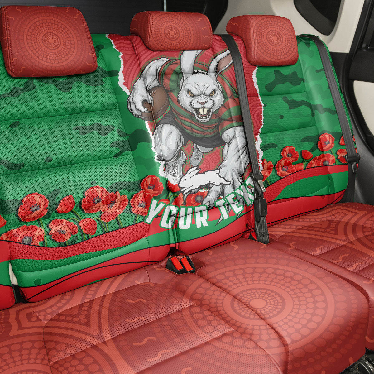 Personalized South Sydney Rabbitohs ANZAC Tribute Back Car Seat Cover Poppy Field Soldier Silhouette Aboriginal Rugby Mascot