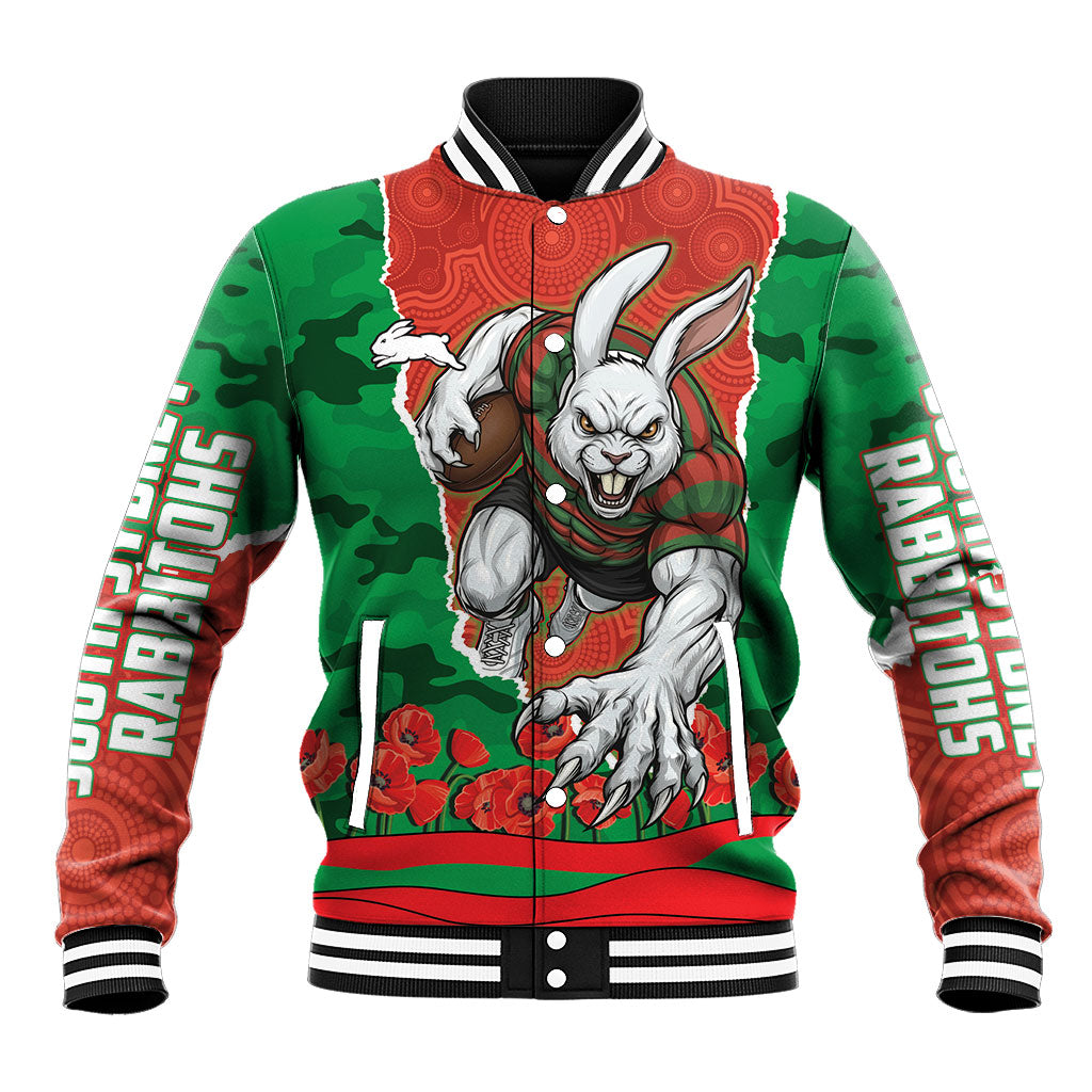 Personalized South Sydney Rabbitohs ANZAC Tribute Baseball Jacket Poppy Field Soldier Silhouette Aboriginal Rugby Mascot