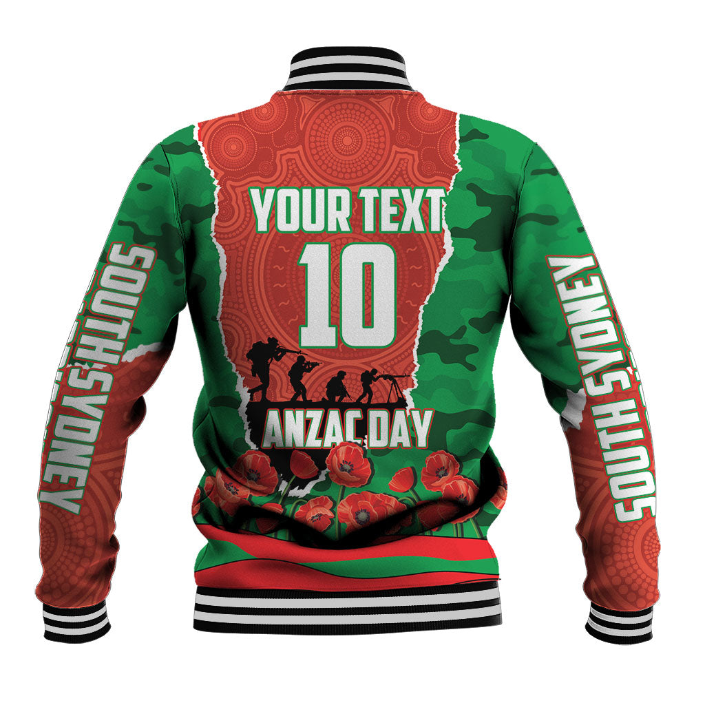 Personalized South Sydney Rabbitohs ANZAC Tribute Baseball Jacket Poppy Field Soldier Silhouette Aboriginal Rugby Mascot