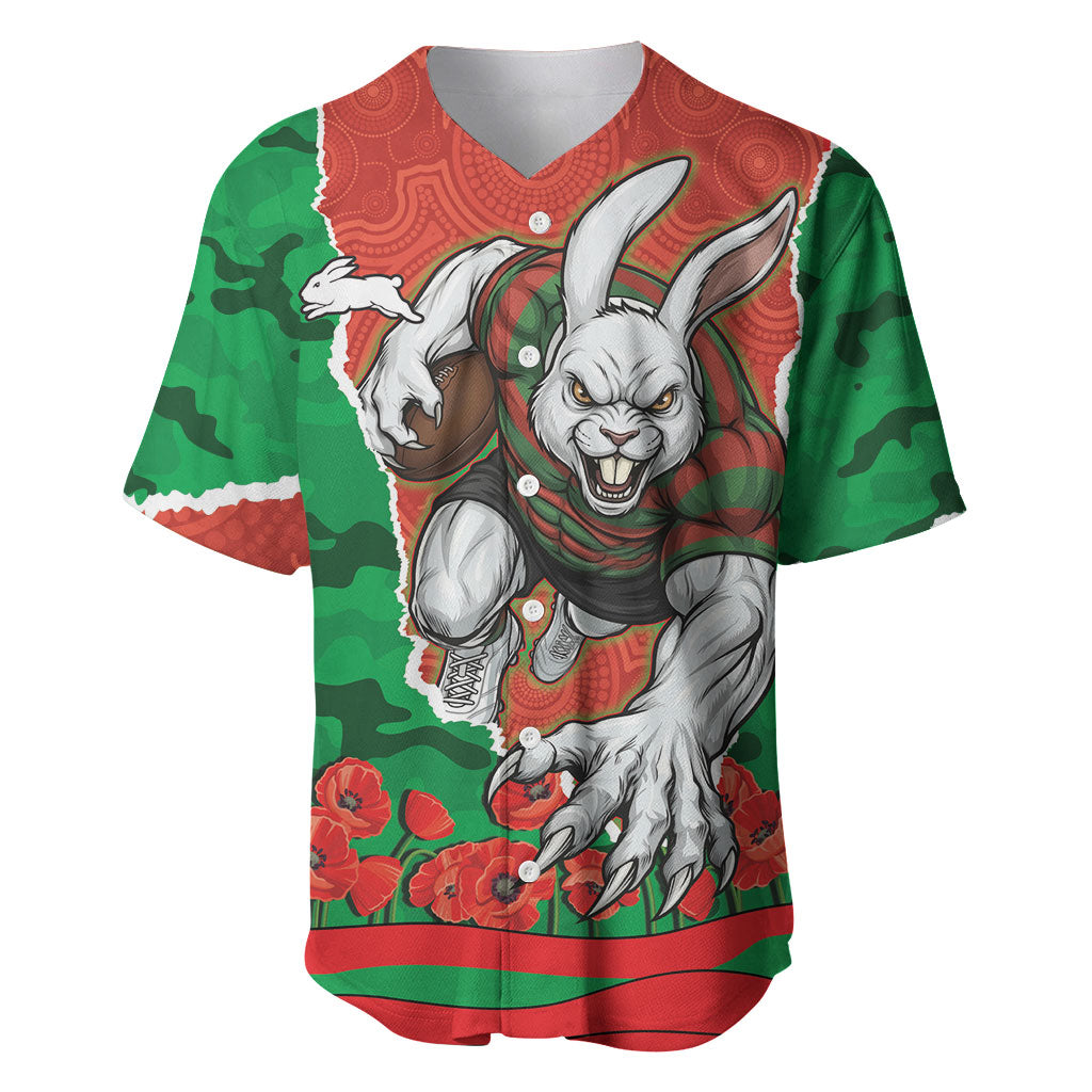 Personalized South Sydney Rabbitohs ANZAC Tribute Baseball Jersey Poppy Field Soldier Silhouette Aboriginal Rugby Mascot
