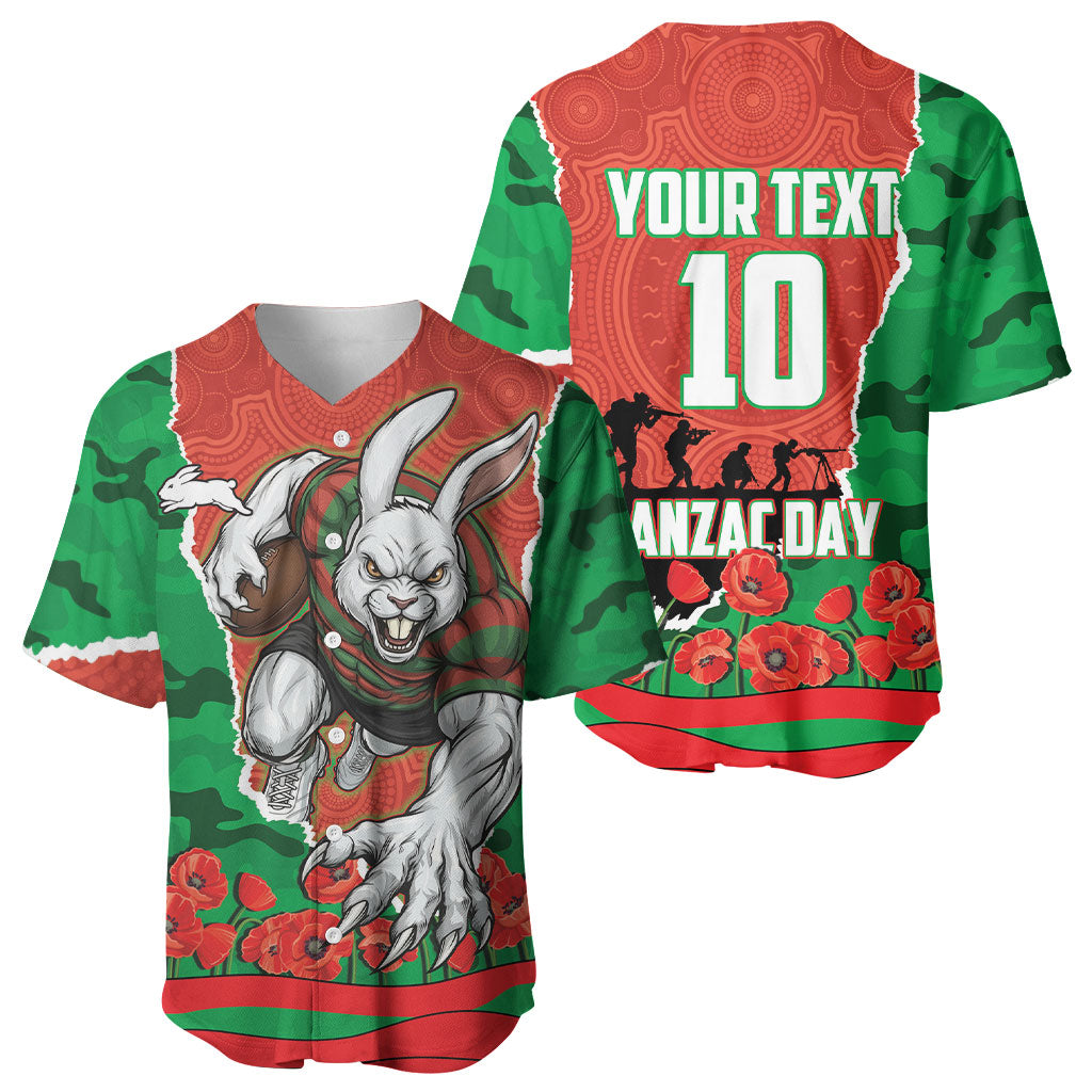 Personalized South Sydney Rabbitohs ANZAC Tribute Baseball Jersey Poppy Field Soldier Silhouette Aboriginal Rugby Mascot