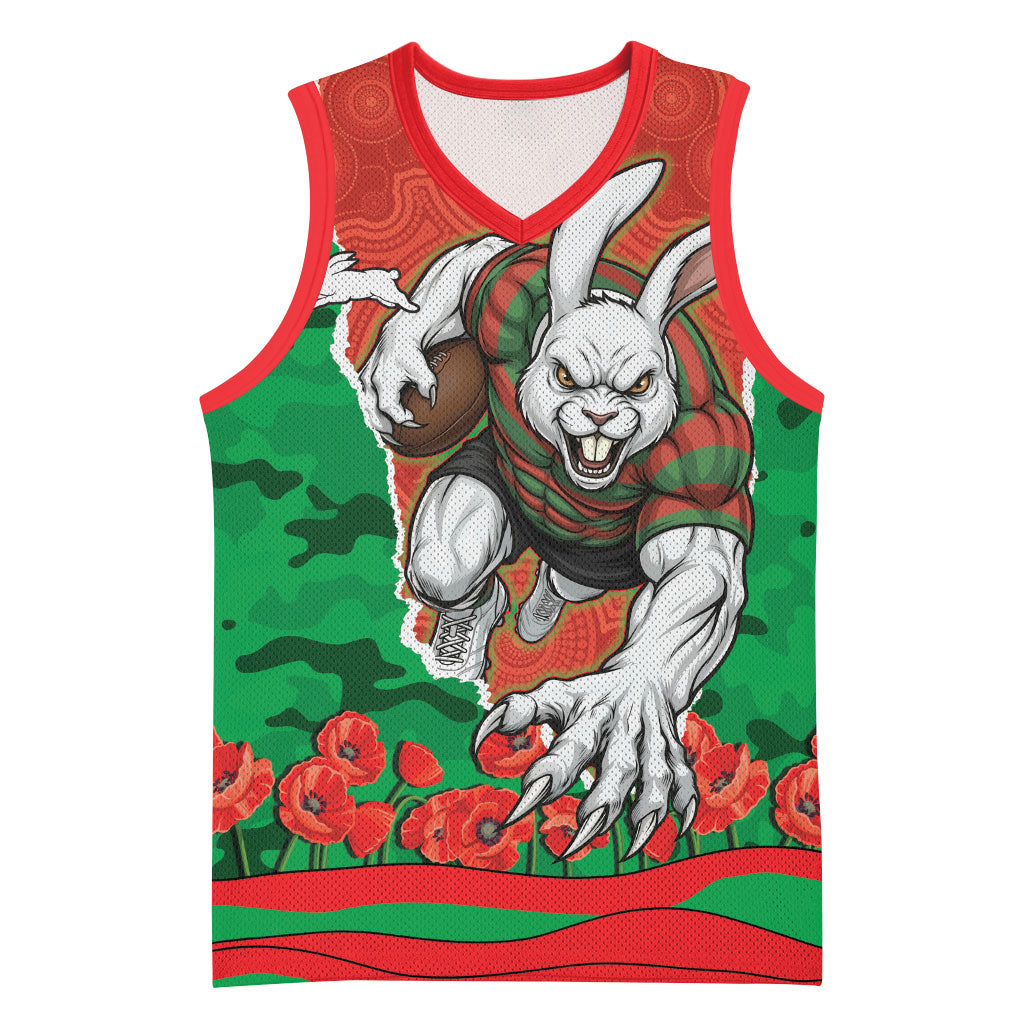 Personalized South Sydney Rabbitohs ANZAC Tribute Basketball Jersey Poppy Field Soldier Silhouette Aboriginal Rugby Mascot