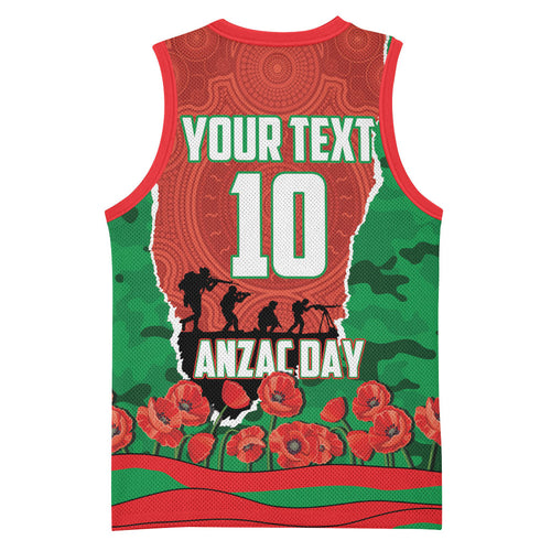 Personalized South Sydney Rabbitohs ANZAC Tribute Basketball Jersey Poppy Field Soldier Silhouette Aboriginal Rugby Mascot
