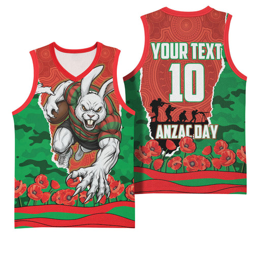 Personalized South Sydney Rabbitohs ANZAC Tribute Basketball Jersey Poppy Field Soldier Silhouette Aboriginal Rugby Mascot