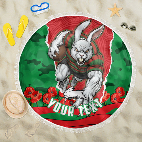 Personalized South Sydney Rabbitohs ANZAC Tribute Beach Blanket Poppy Field Soldier Silhouette Aboriginal Rugby Mascot