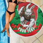 Personalized South Sydney Rabbitohs ANZAC Tribute Beach Blanket Poppy Field Soldier Silhouette Aboriginal Rugby Mascot