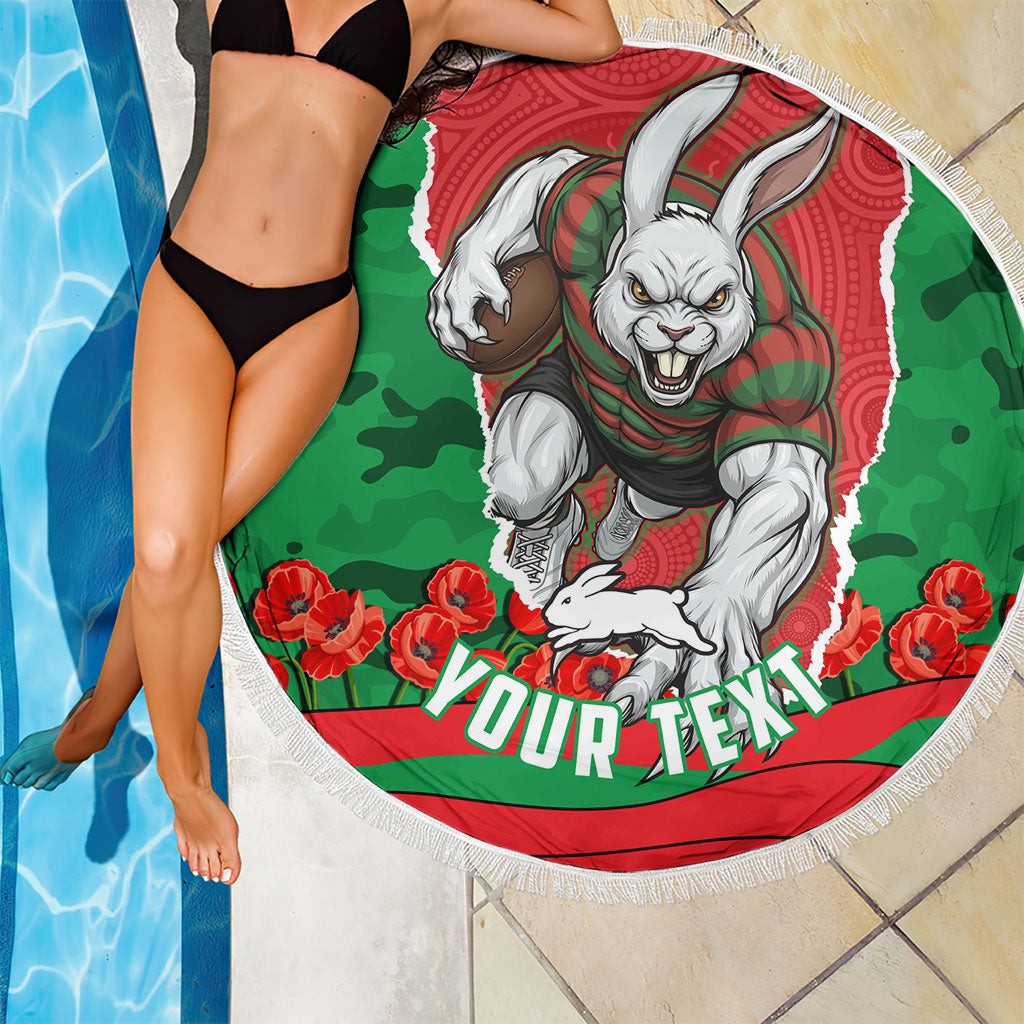Personalized South Sydney Rabbitohs ANZAC Tribute Beach Blanket Poppy Field Soldier Silhouette Aboriginal Rugby Mascot