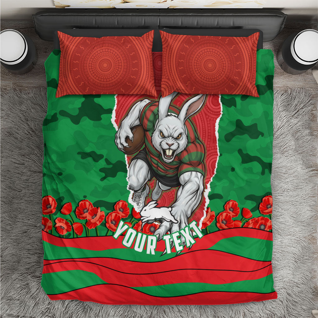 Personalized South Sydney Rabbitohs ANZAC Tribute Bedding Set Poppy Field Soldier Silhouette Aboriginal Rugby Mascot