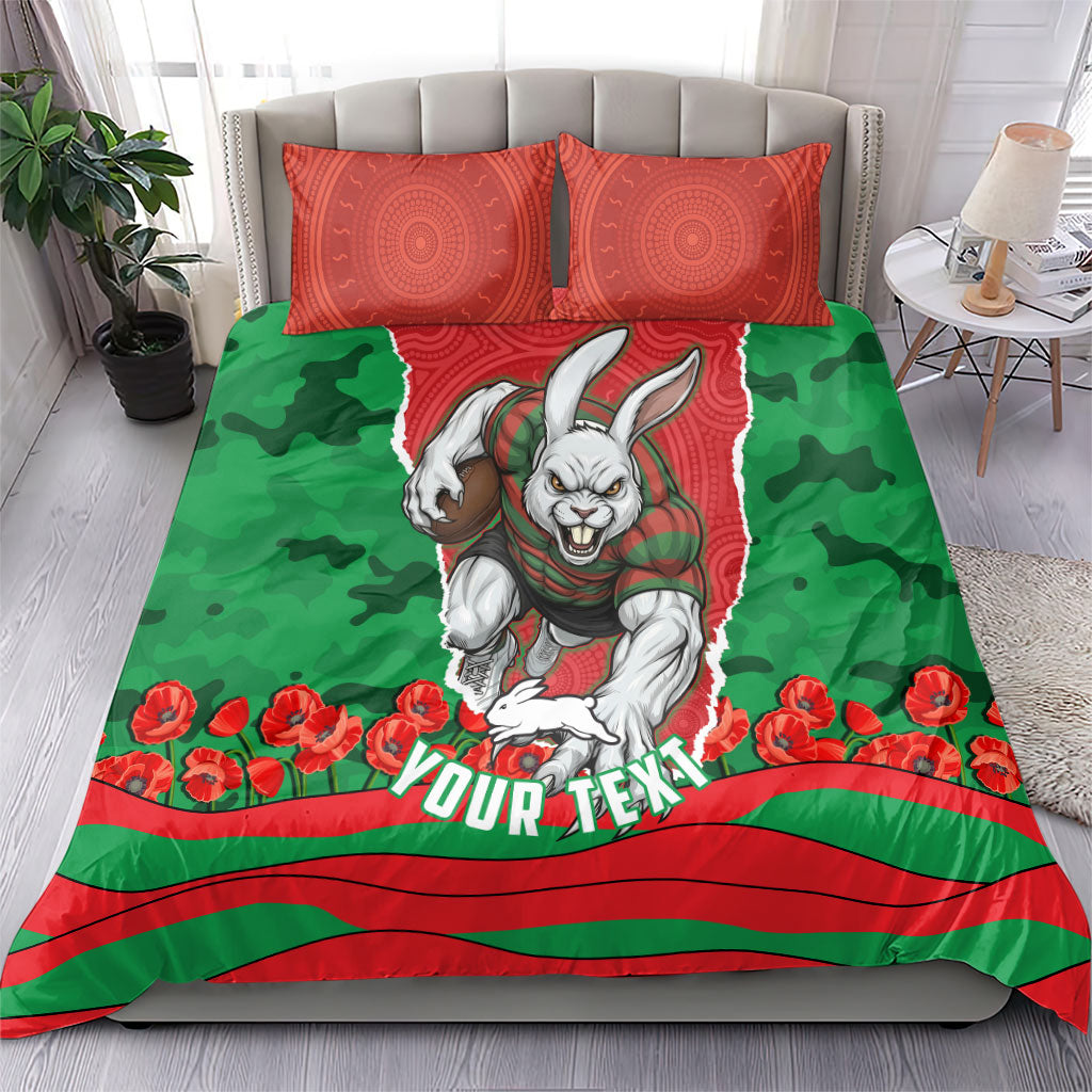 Personalized South Sydney Rabbitohs ANZAC Tribute Bedding Set Poppy Field Soldier Silhouette Aboriginal Rugby Mascot