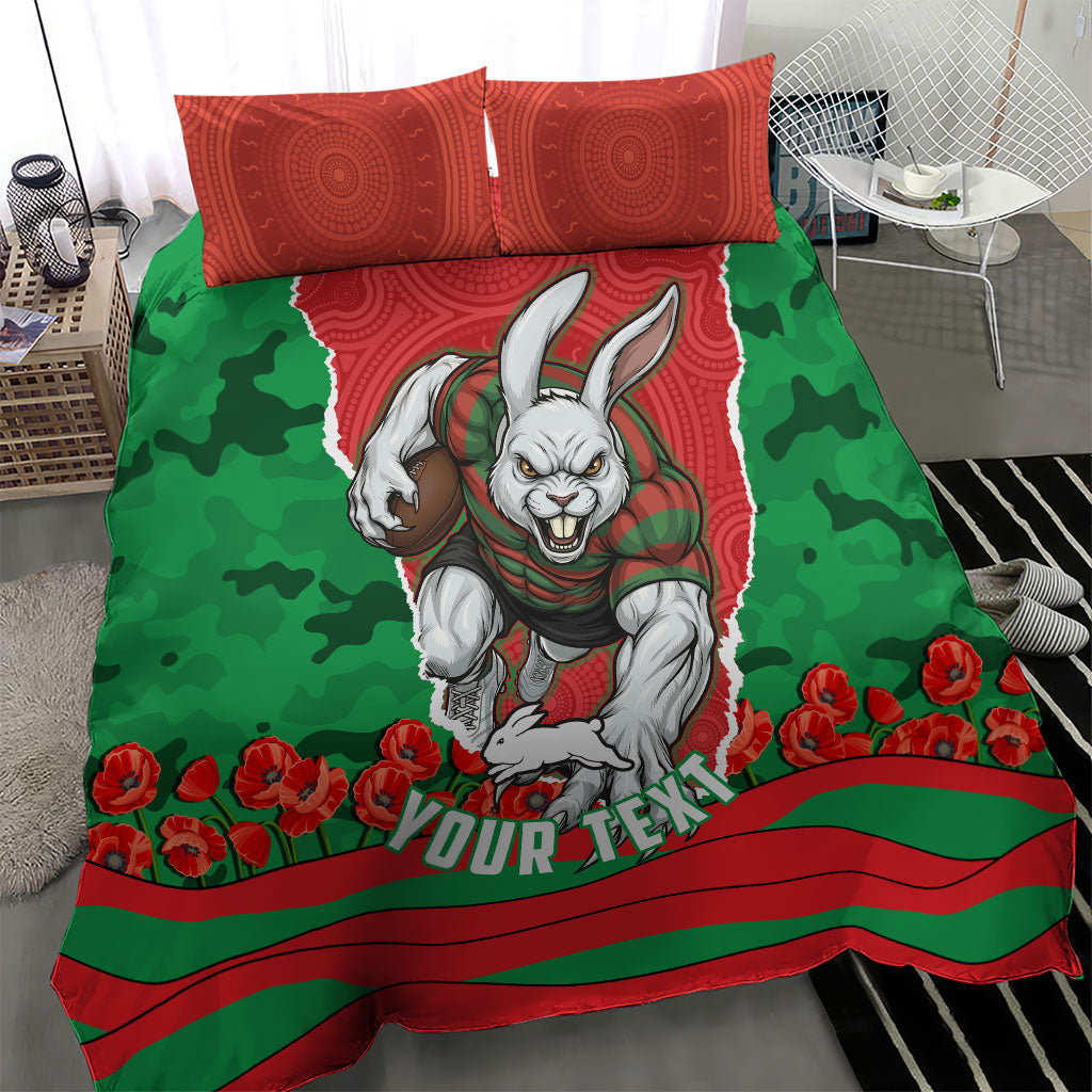 Personalized South Sydney Rabbitohs ANZAC Tribute Bedding Set Poppy Field Soldier Silhouette Aboriginal Rugby Mascot