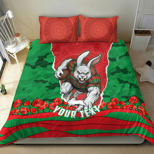 Personalized South Sydney Rabbitohs ANZAC Tribute Bedding Set Poppy Field Soldier Silhouette Aboriginal Rugby Mascot
