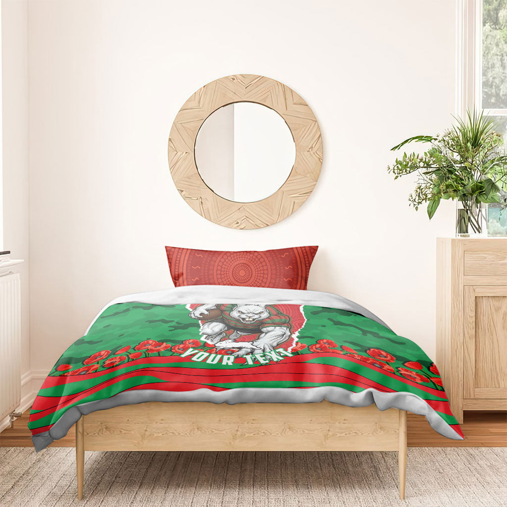 Personalized South Sydney Rabbitohs ANZAC Tribute Bedding Set Poppy Field Soldier Silhouette Aboriginal Rugby Mascot