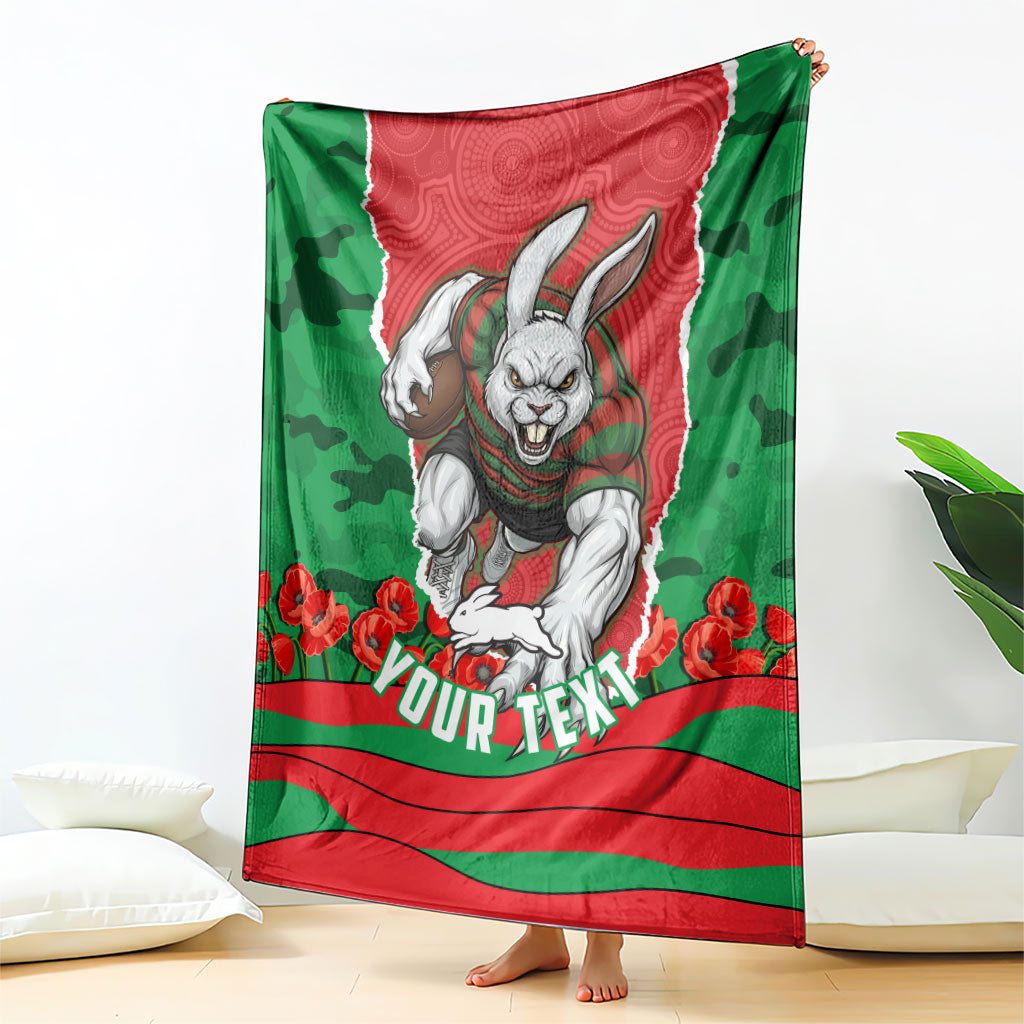 Personalized South Sydney Rabbitohs ANZAC Tribute Blanket Poppy Field Soldier Silhouette Aboriginal Rugby Mascot