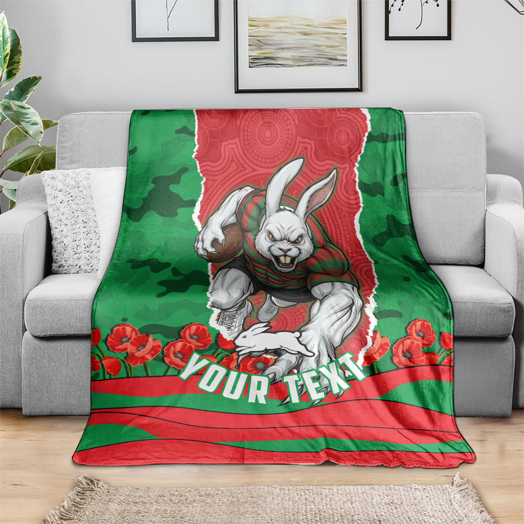 Personalized South Sydney Rabbitohs ANZAC Tribute Blanket Poppy Field Soldier Silhouette Aboriginal Rugby Mascot